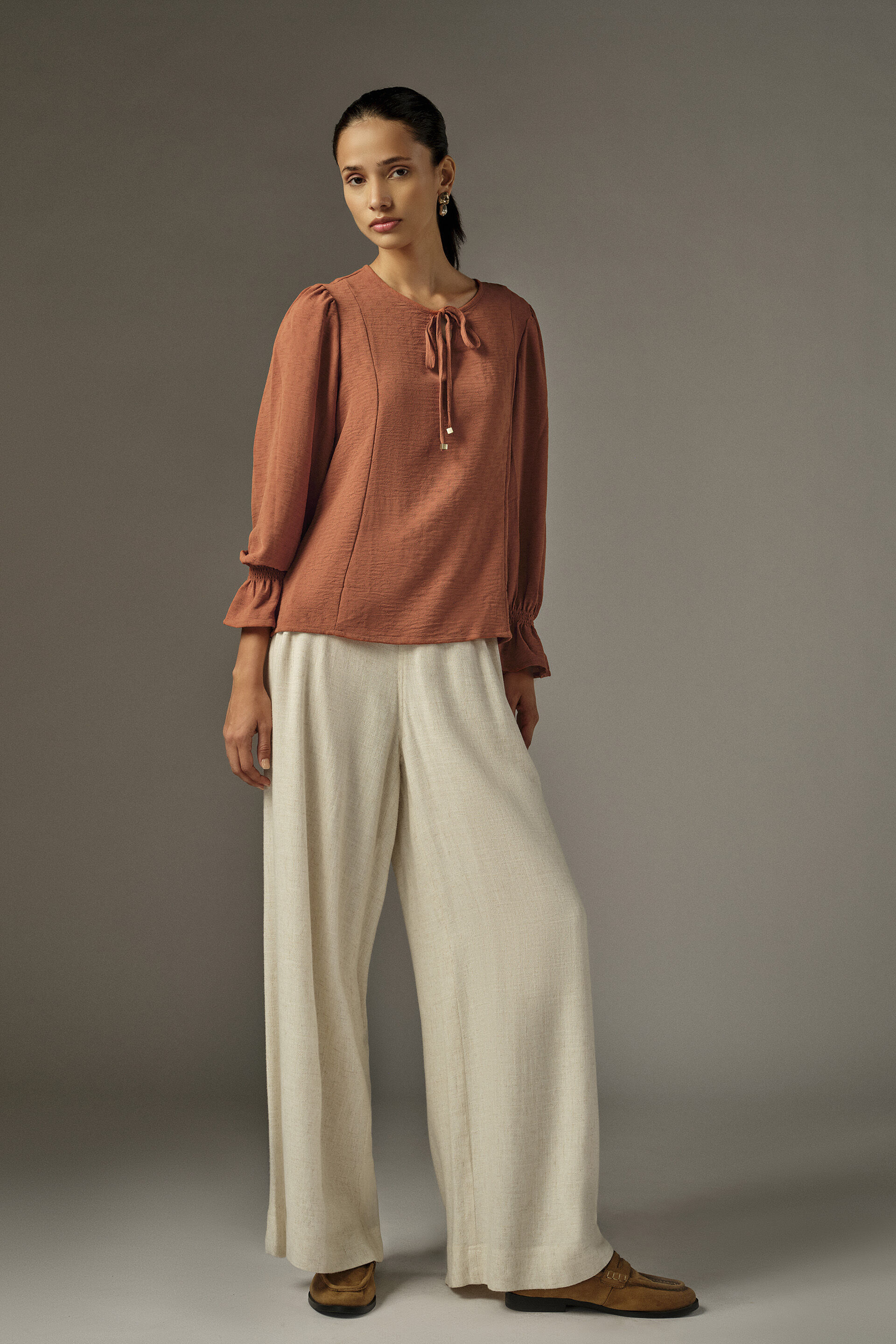 Solid Bishop Sleeves Top in Rust, Rust, image 4
